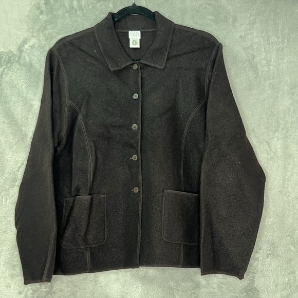 Eileen Fisher Womens PM Boiled Wool Jacket Sweater Dark Brown Chocolate Pockets - Picture 1 of 10